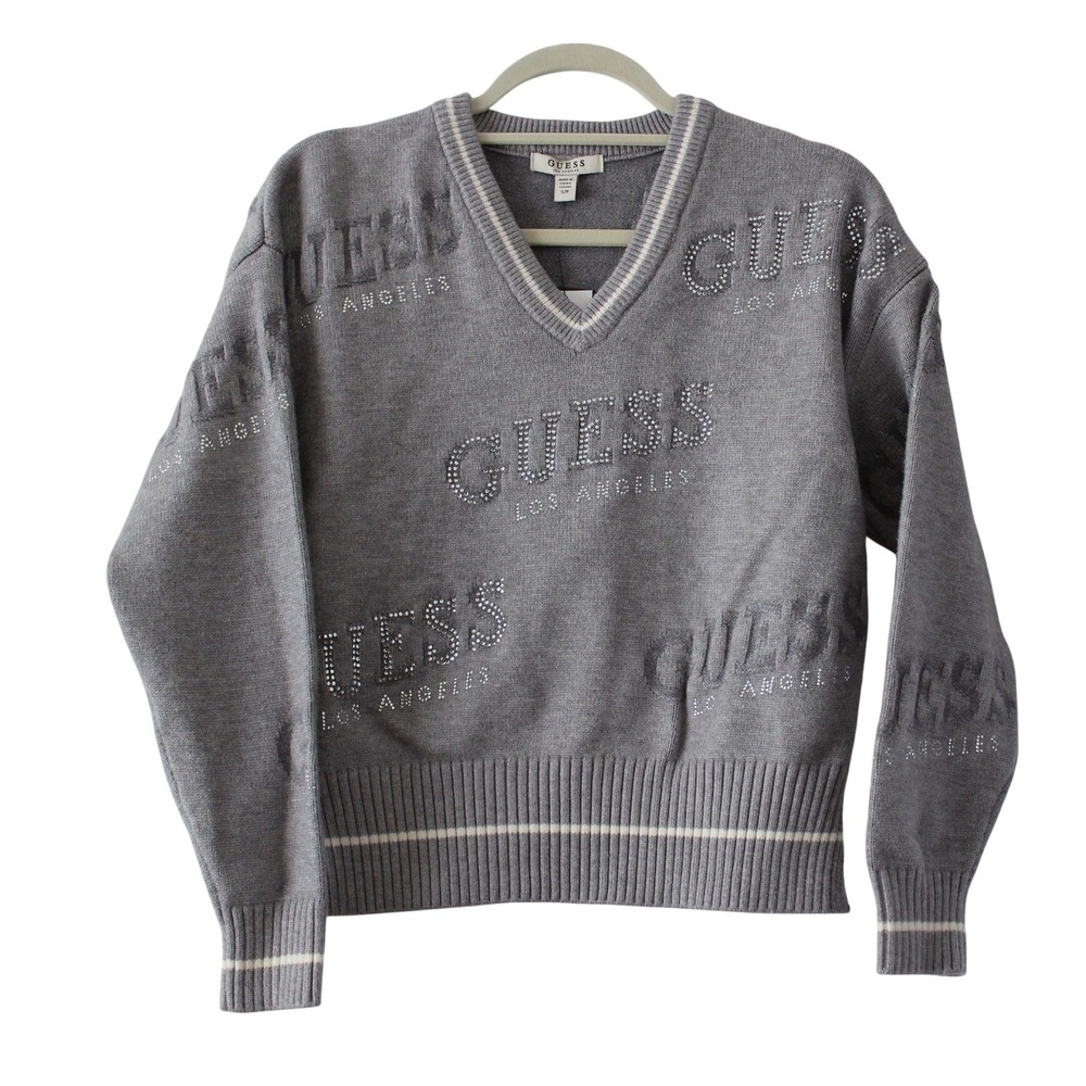 Guess Los Angeles Rhinestone Logo V-Neck Sweater Grey W2BR09Z3420 NEW